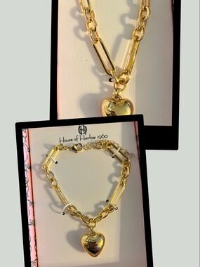 House of Harlow 1960 Gold Chunky Heart  Necklace & Bracelet NWT